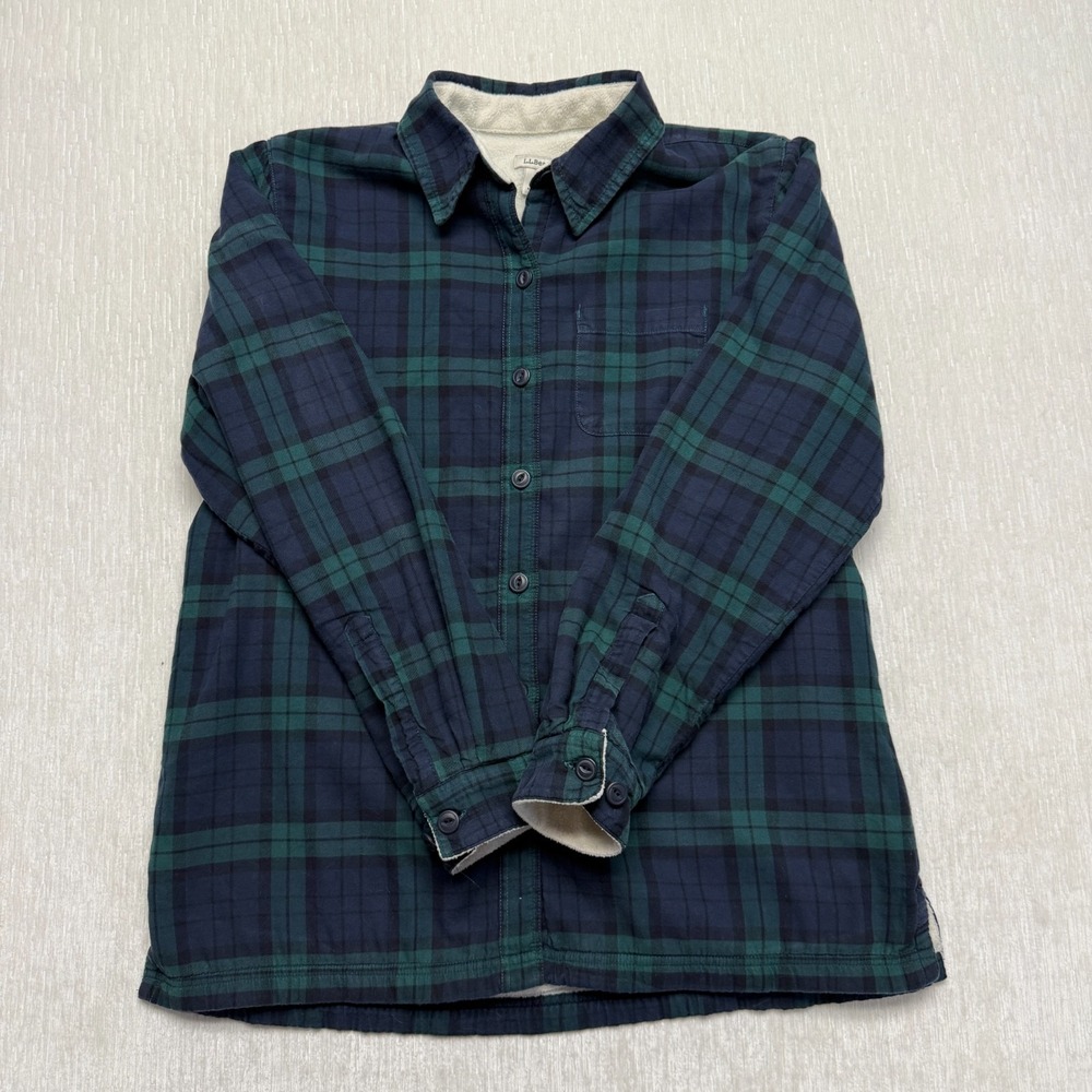 L.L. Bean Flannel Button Up Shirt Tartan Plaid Womens Small Blue Fleece Lined